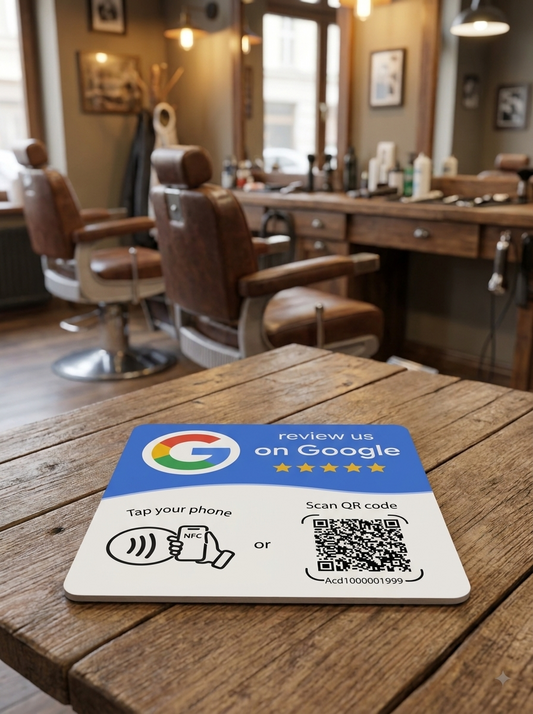 Google atsiliepimų NFC ir QR kodo rinkiklio padėkliukas su telefono prisilietimo simboliu